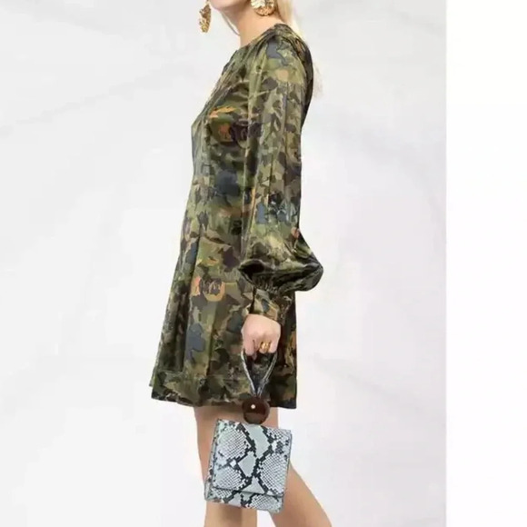 NWT GANNI Heavy Satin Printed Logo Short Dress Size 44 (US 10/12) Olive  *read - Picture 3 of 16